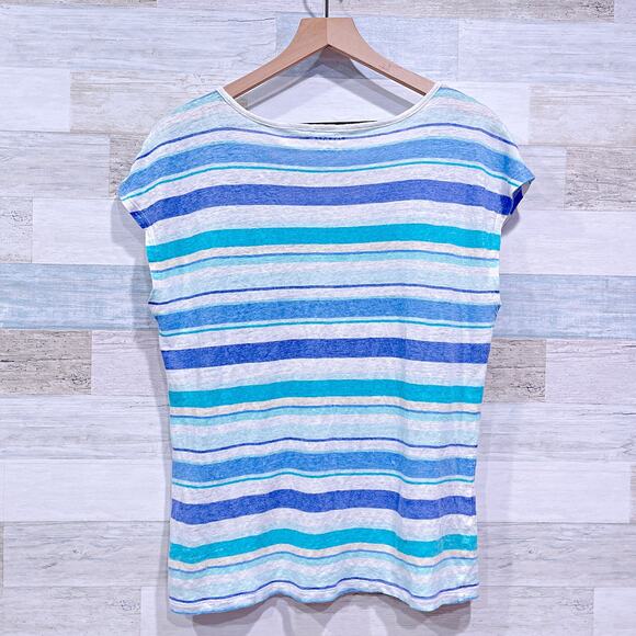 Talbots 100% Linen Slub Knit Tee White Blue Stripe Cap Sleeve Womens Large - Picture 3 of 5